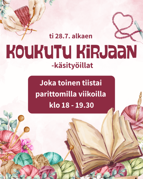 Kuvassa piirretty avoin kirja alaoikealla ympärillään lankarullia sekä neulepuikkoja. Kuvassa ylhäällä piirretyty kädet, joissa neuletyö neulepuikkoineen sekä piirretty virkkuukoukku, jonka lanka on muodostanut sydämen. Kuvassa myös infoteksti.